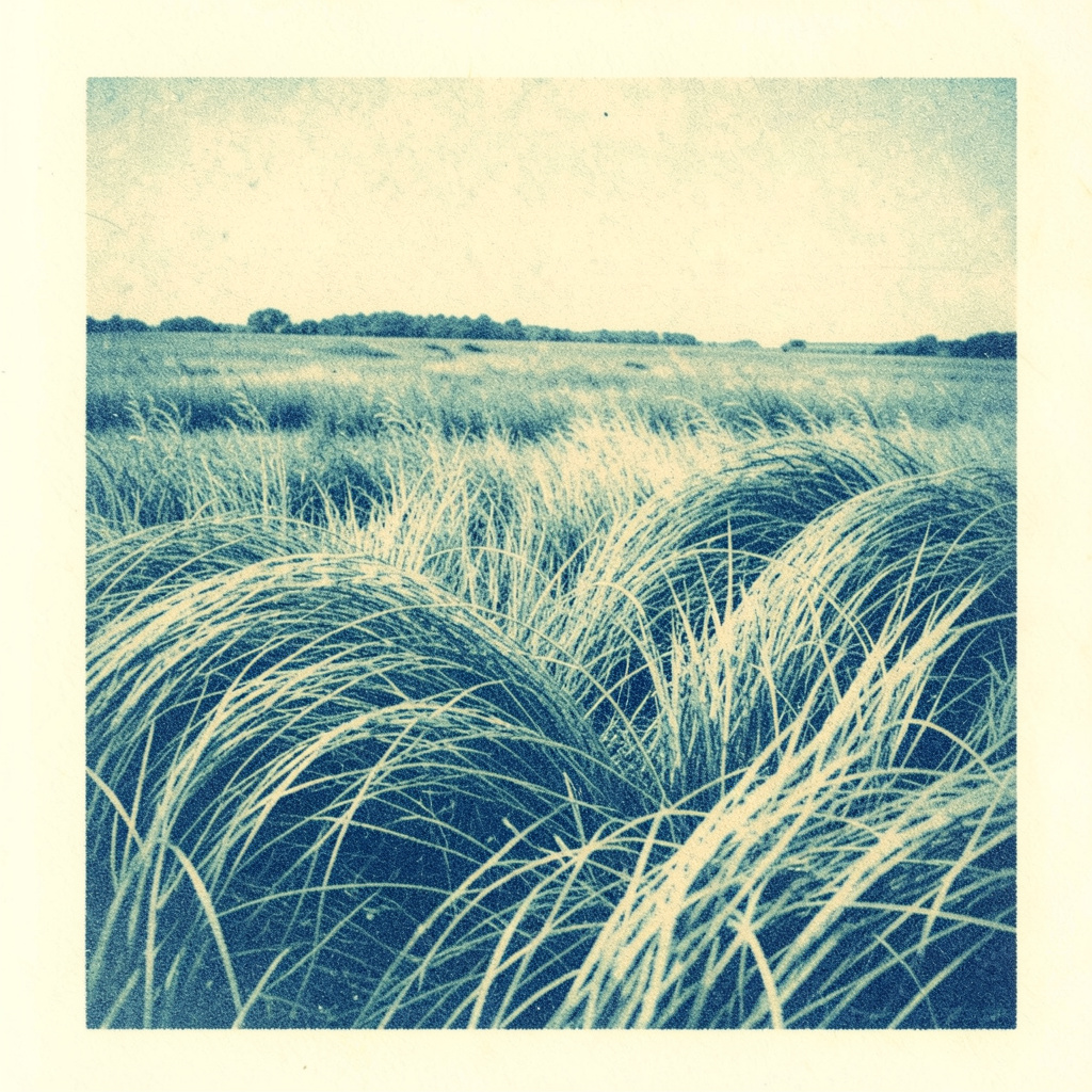 A two-ink risograph print in muted teal and warm cream, depicting a wide coastal wetland with tall grasses bending in the wind