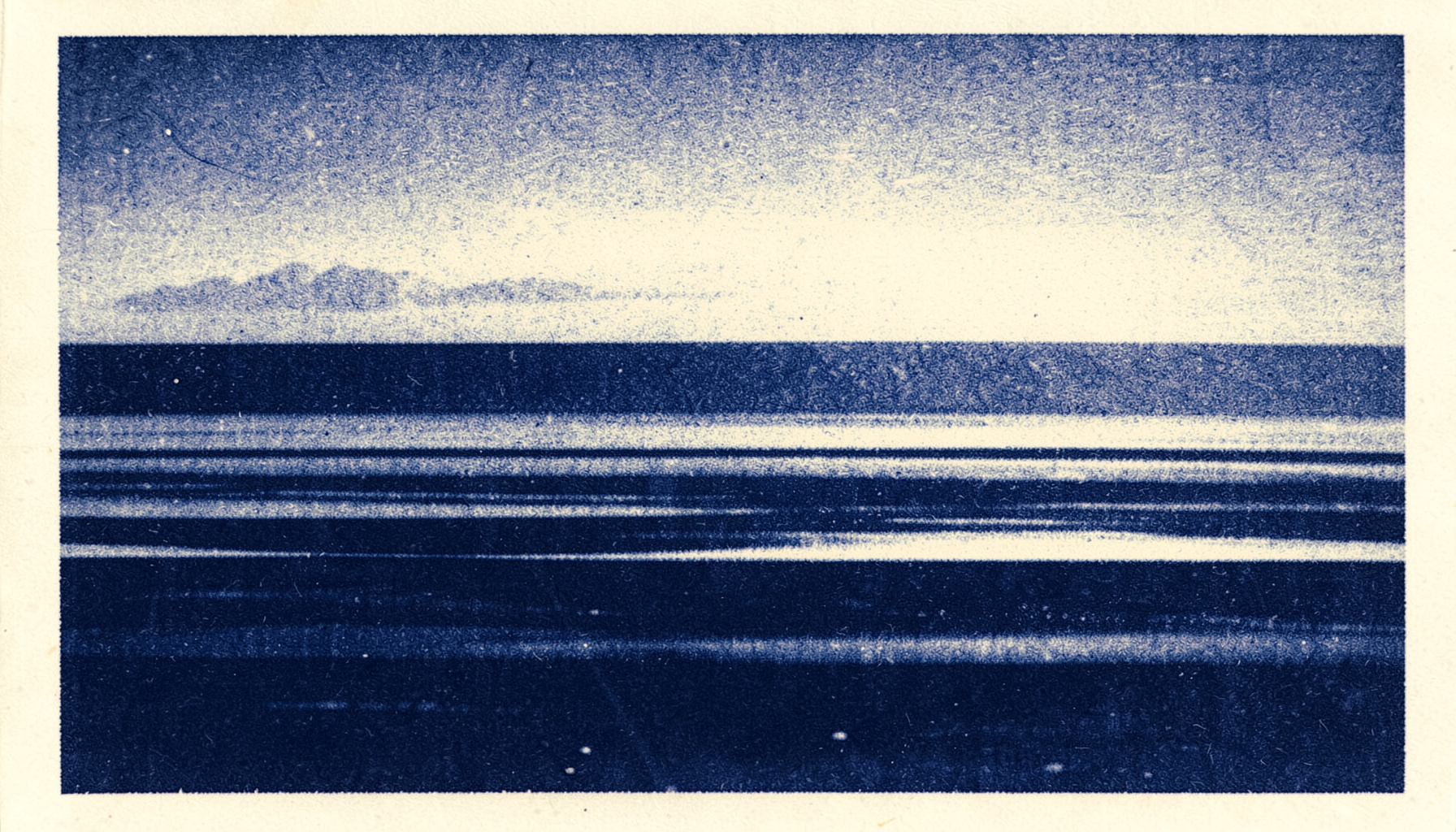 A two-ink risograph print in deep navy and pale cream, showing layered horizontal bands that suggest the surface of the sea meeting a misty horizon