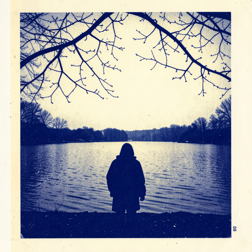A two-ink risograph print in navy and cream: a solitary figure seen from behind, standing at the edge of a still lake under a vast sky