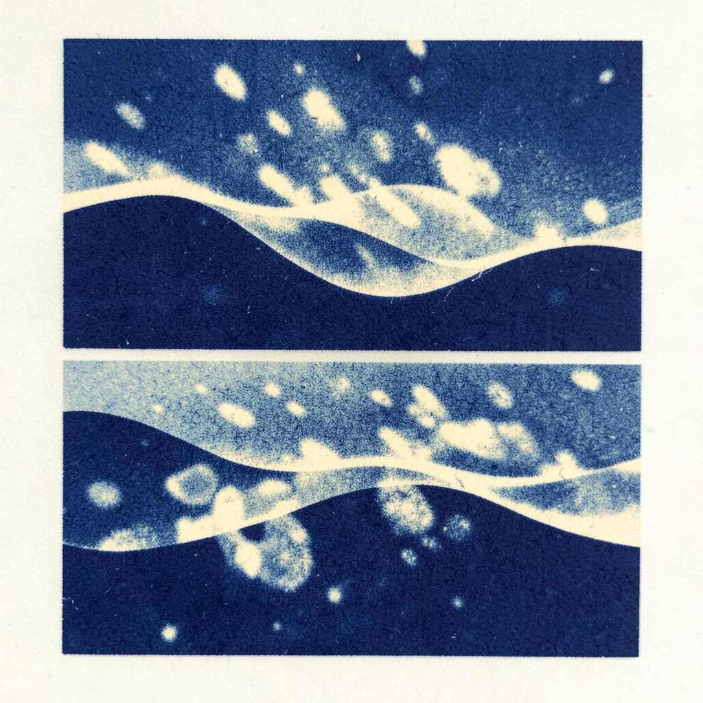 A two-ink risograph print in deep indigo and pale cream, showing layered wave-like forms and scattered light shapes suggesting ocean spray